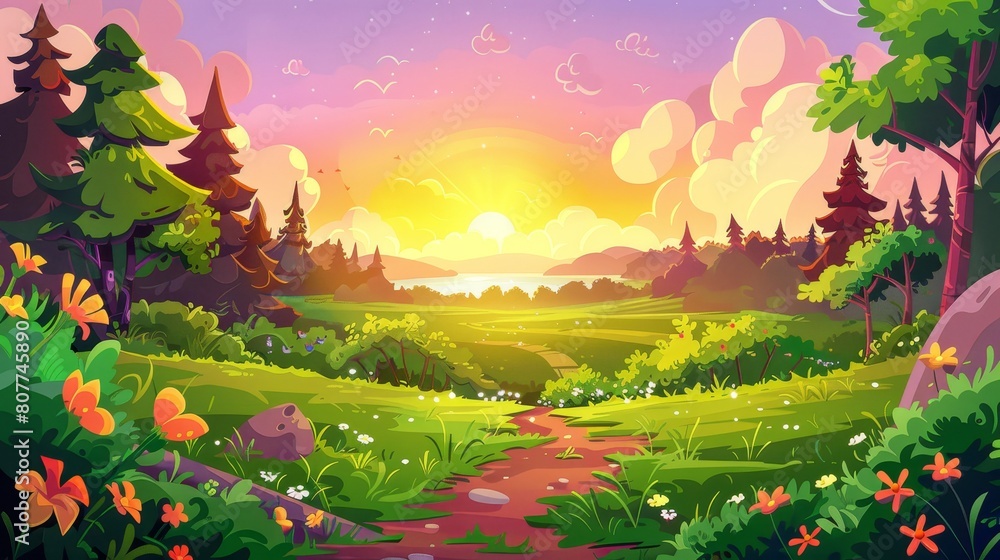 A cartoon landscape with trees, flowers, and grass going along a road to a clear lake under a pink sky and fluffy clouds in the early morning of summer.