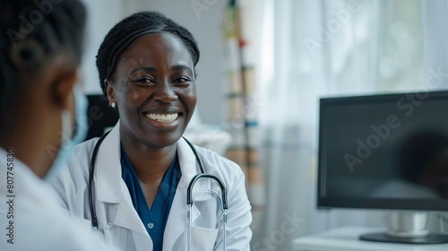 A cheerful woman or physician providing healthcare advice to a patient in a hospital setting.