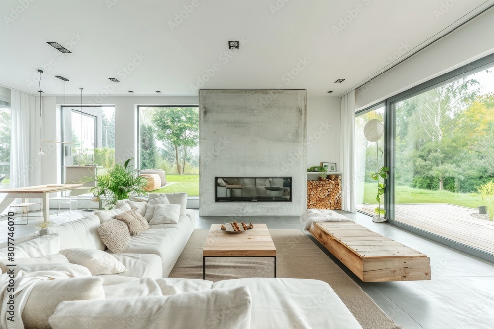 style living room interior with white walls