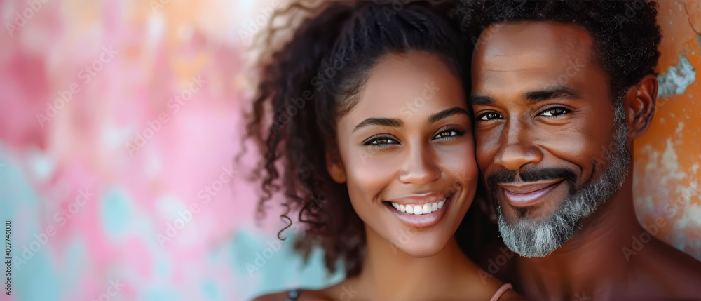 A portrait of a loving couple with beaming smiles and a shared glance of deep connection, against a softly blurred background. Loving Couple Against a copyspace Backdrop