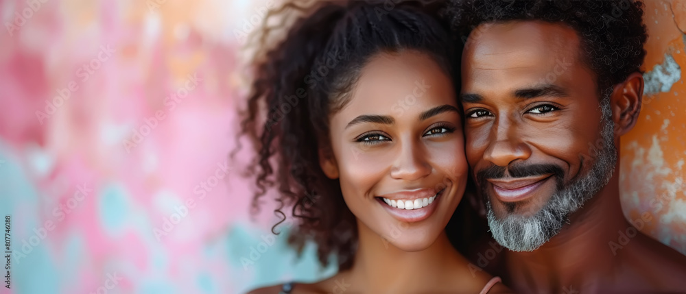 A portrait of a loving couple with beaming smiles and a shared glance of deep connection, against a softly blurred background. Loving Couple Against a copyspace Backdrop A portrait of a loving couple with beaming smiles and a shared glance of deep connection, against a softly blurred background. Loving Couple Against a copyspace Backdrop