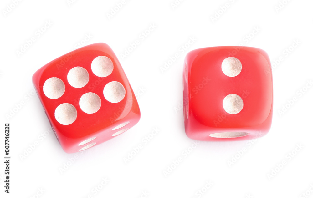 Two red game dices isolated on white, top view Two red game dices isolated on white, top view