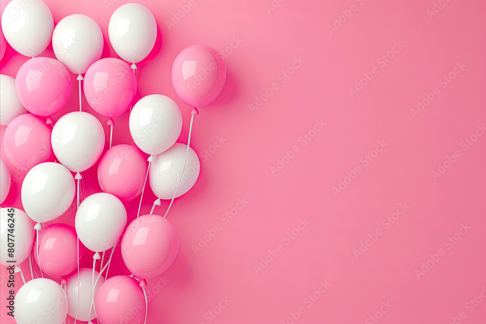 Pink and white balloons on a pink background.