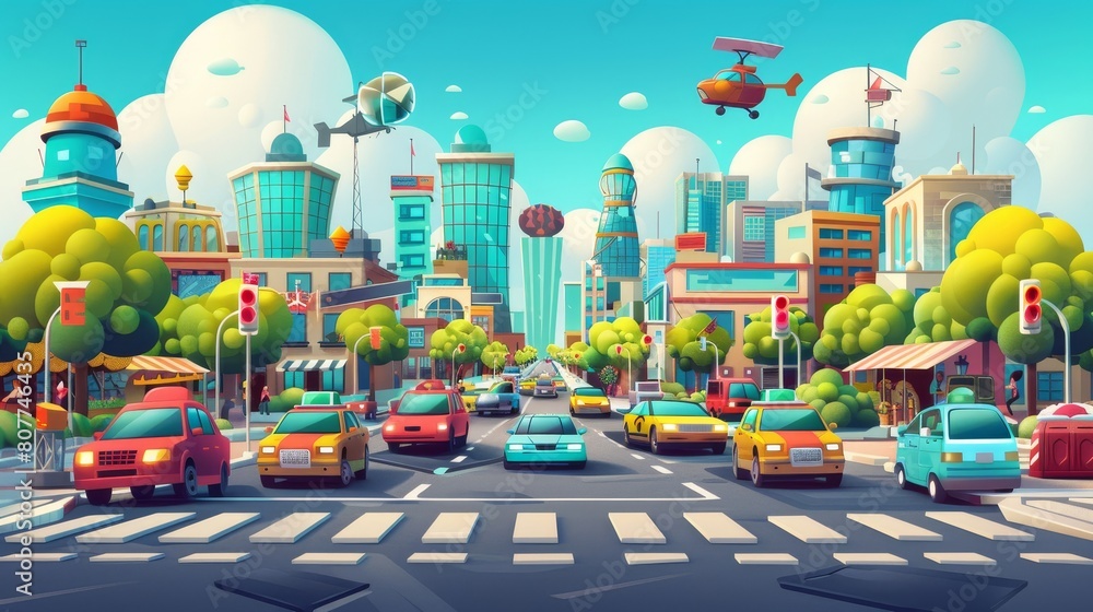 Cars driving on city roads on a cityscape background with buildings, trees, public market stalls, museums, and walkways. Automobiles riding a metropolis asphalted highway at daytime. Cartoon modern Cars driving on city roads on a cityscape background with buildings, trees, public market stalls, museums, and walkways. Automobiles riding a metropolis asphalted highway at daytime. Cartoon modern