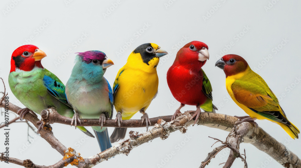 A group of vibrant birds with different colors are perched on a tree branch A group of vibrant birds with different colors are perched on a tree branch