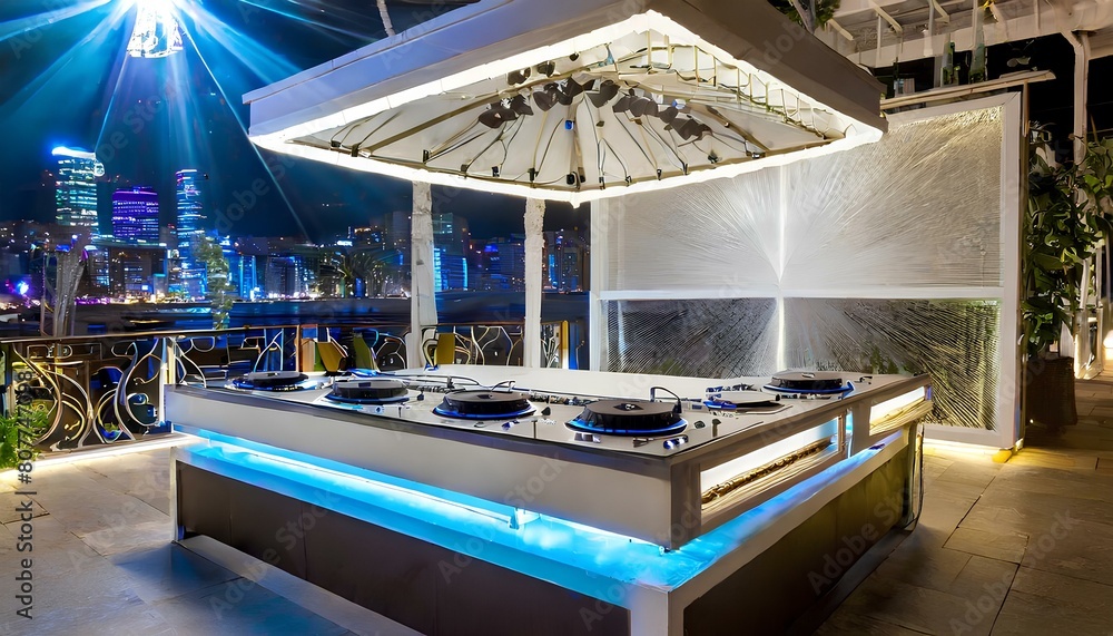 Obraz premium A DJ booth with a blue canopy and a city skyline in the background