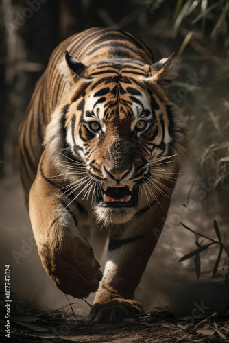 A tiger is seen running energetically through a dense woods under the suns rays