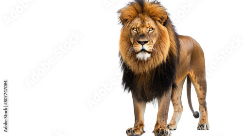 A lion confidently stands on a white surface  showcasing its majestic presence and strength