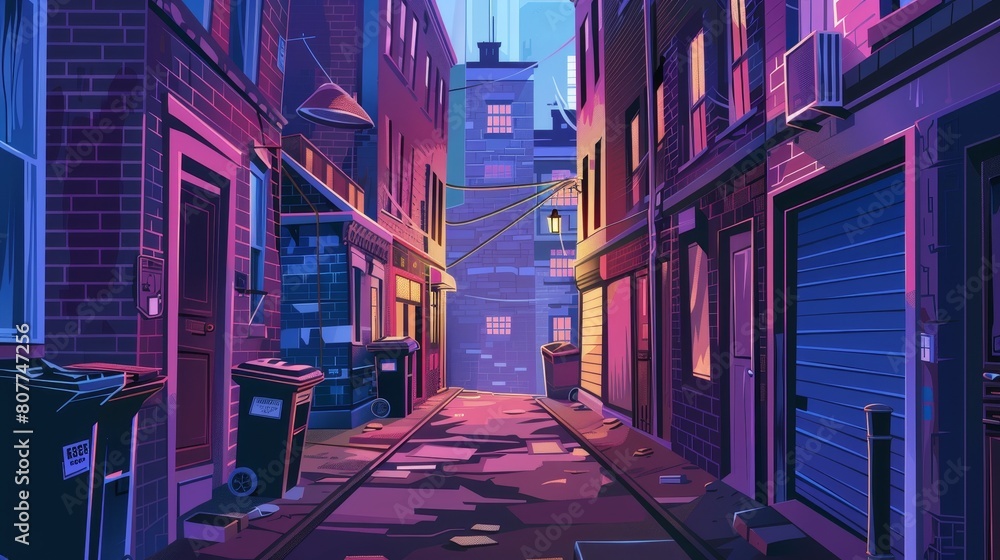 An alleyway between two old city houses with brick walls and windows. Urban landscape with dirty buildings and trash bins. Modern cartoon illustration.