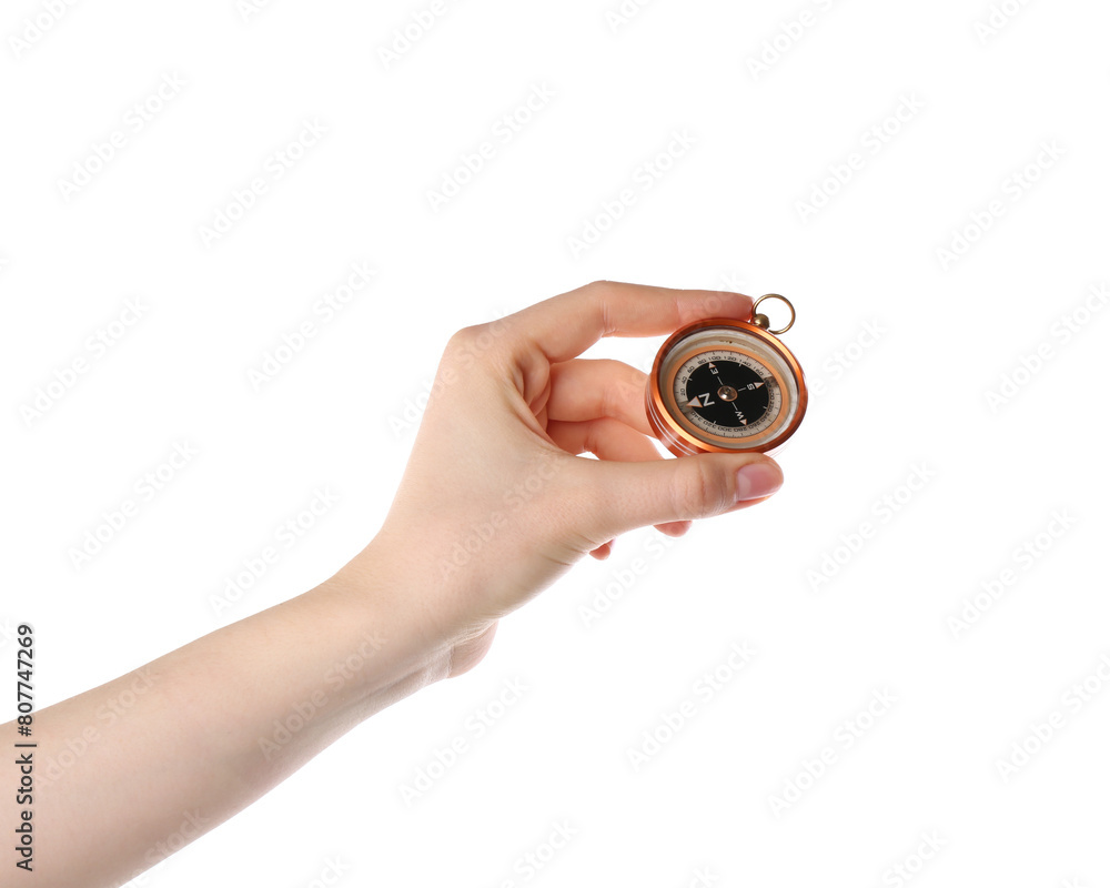 Woman holding compass on white background, closeup Woman holding compass on white background, closeup