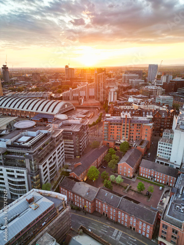 Photography Aerial View of Great Manchester City Centre and Tall Buildings During Golden Hour of Sunset