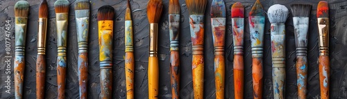 Traditional fine art tools array, horsehair and bamboo brushes for watercolor painting, textured background photo