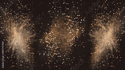Sparkling sequins texture 3D modern effect with brown splashes of sugar, granulated coffee, cosmetic powder or eyeshadow. Golden glitter explosion, golden dust or shimmer particles. photo