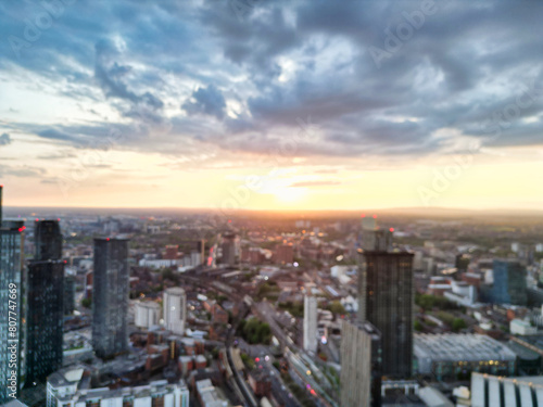 Aerial View of Great Manchester City Centre and Tall Buildings During Golden Hour of Sunset. May 5th  2024