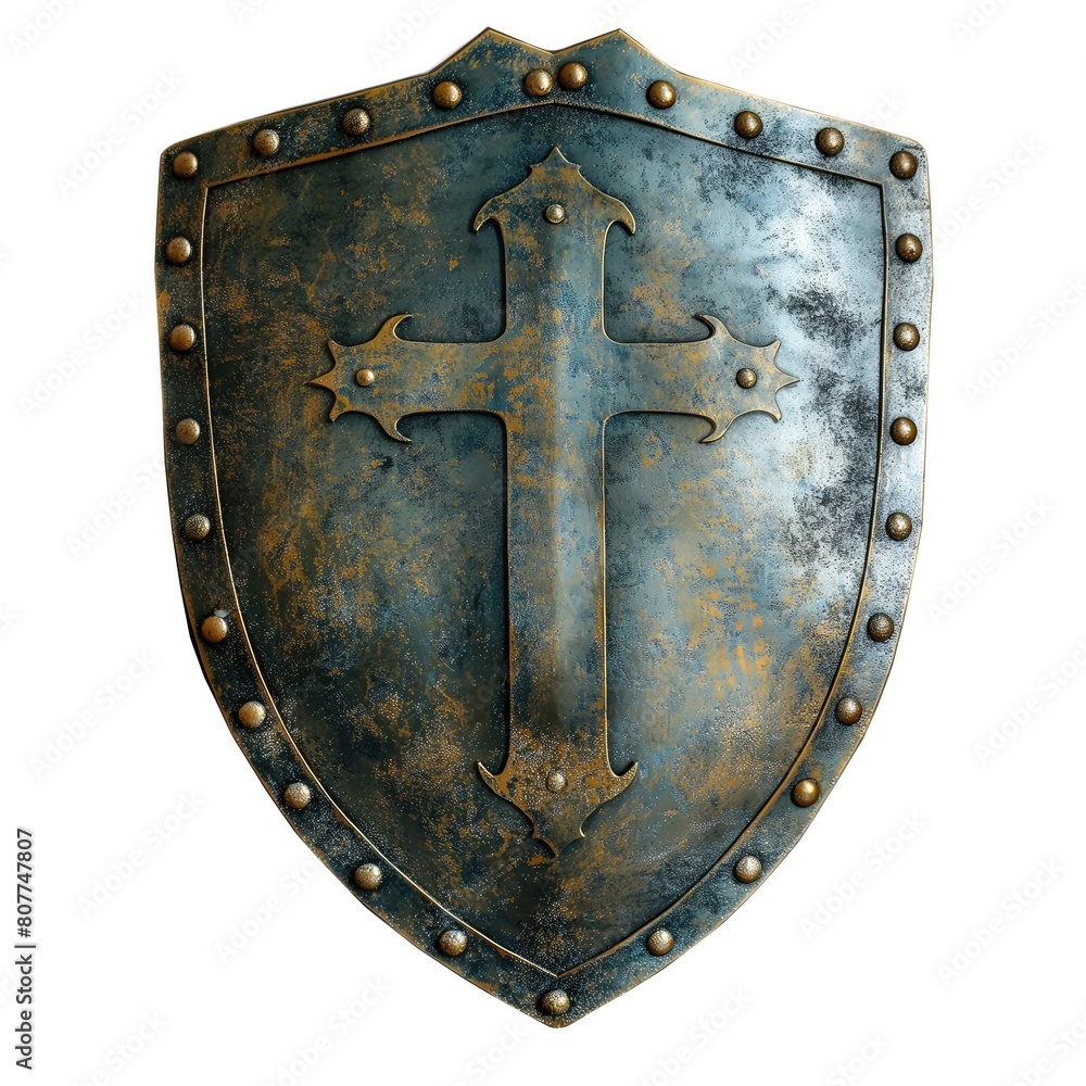 Antique Medieval Shield with Cross Symbol Isolated on White Background, Historic Armor Antique Medieval Shield with Cross Symbol Isolated on White Background, Historic Armor