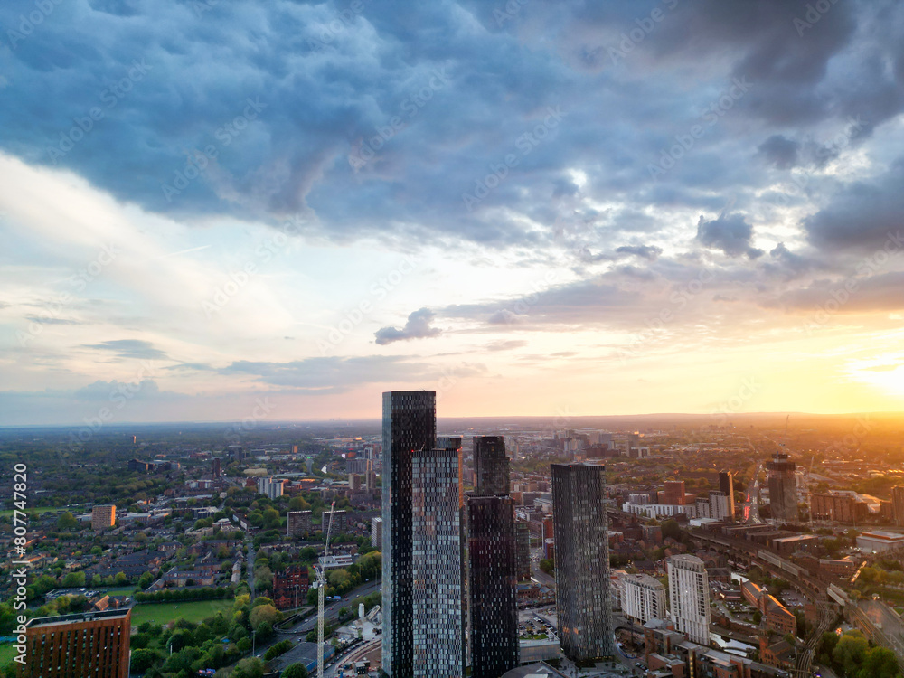 Aerial View of Great Manchester City Centre and Tall Buildings During Golden Hour of Sunset. May 5th, 2024