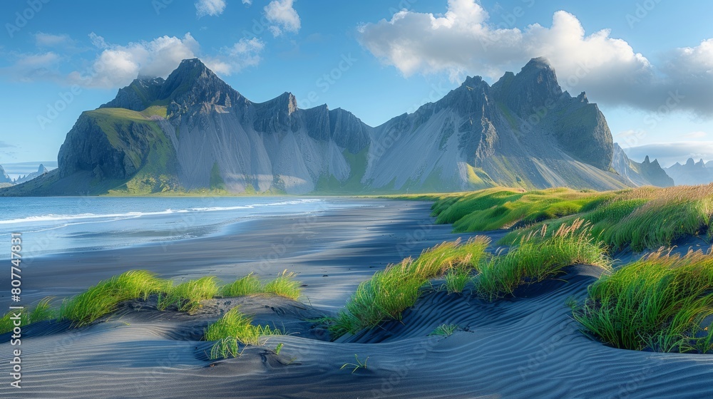 Fototapeta premium Black sand dunes on the Stokksnes headland on southeastern Icelandic coast 