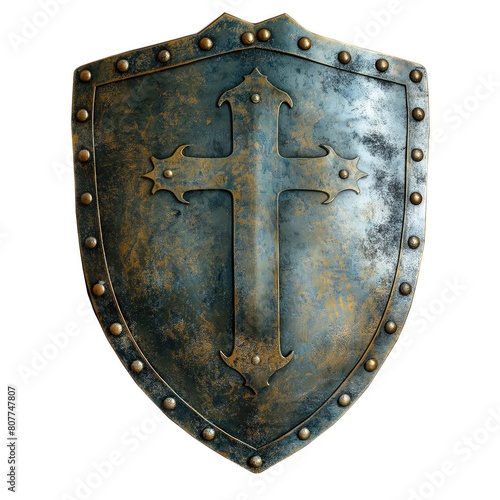 Antique Medieval Shield with Cross Symbol Isolated on White Background, Historic Armor