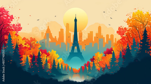 a flat illustration of the silhouette of Eiffel Tower in the morning and an olympic torch, vector, vibrant colors on light beige background  photo