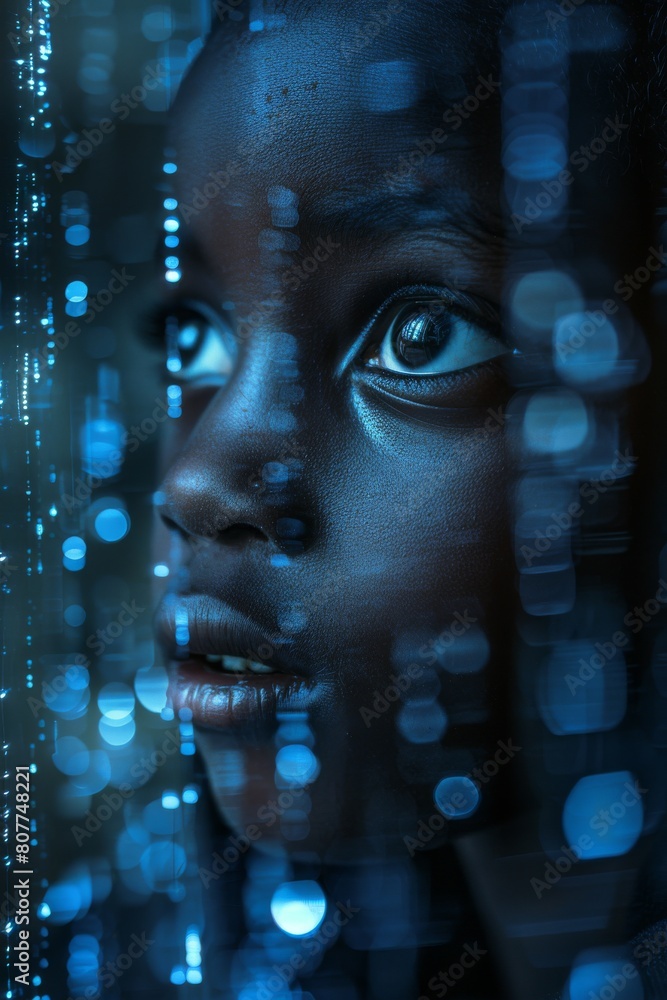 Selective focus close up profile portrait of little African boy on background and matrix, chat, bot Selective focus close up profile portrait of little African boy on background and matrix, chat, bot