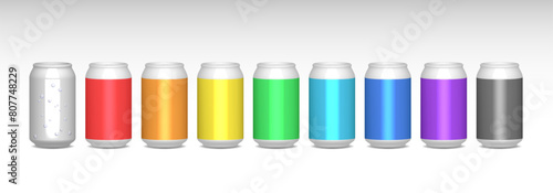 Vector 3d set of beer rainbow cans with water drops and shadows. Collection of colored metal aluminum containers. Samples, mockup. Light background.