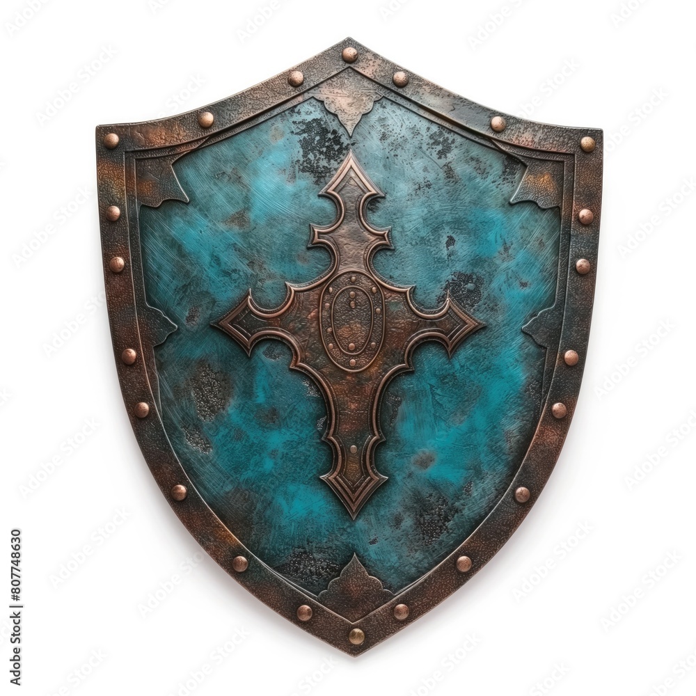 Aged Knight Shield with Cross Symbol Isolated on White Background