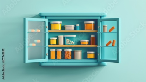 Medical cabinet isolated illustration. 3d first aid cupboard with shelf. Pills and drug medicament container mockup. Transparent glass door stand.