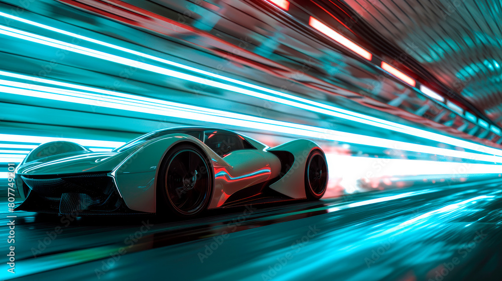A futuristic sleek car drives quickly through the tunnel. A futuristic sleek car drives quickly through the tunnel.