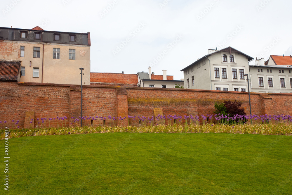 Piękny, kwiecisty gotycki bulwar, Toruń, Polska Piękny, kwiecisty gotycki bulwar, Toruń, Polska