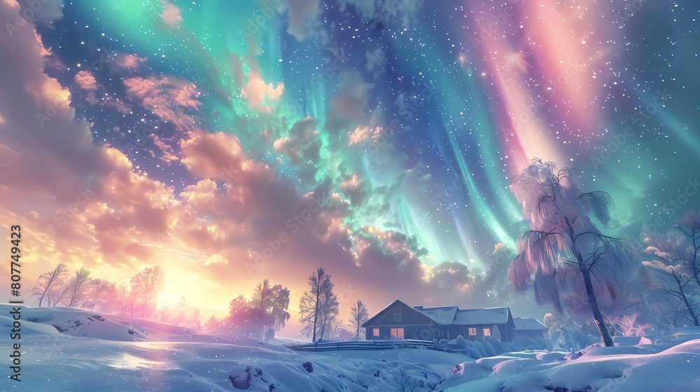 Gorgeous aurora town scenery poster background Gorgeous aurora town scenery poster background