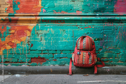 A vibrant red backpack with patterned straps leans casually against a vibrant green wall covered in street art. Copyspace to the left. photo
