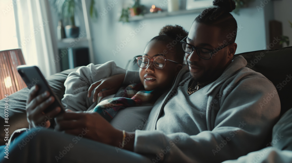A man and woman are seated on a couch, both focused on a cell phone screen in their hands. A man and woman are seated on a couch, both focused on a cell phone screen in their hands.