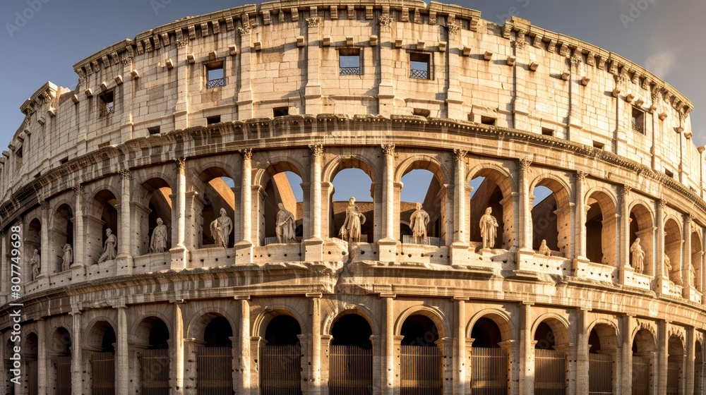 Majestic facade of the Roman coliseum adorned with statues depicting victories