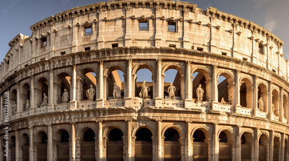 Naklejka premium Majestic facade of the Roman coliseum adorned with statues depicting victories