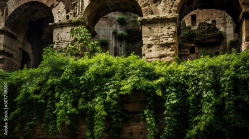 Roman coliseum's outer walls adorned with ivy and vines narrating time's passage
