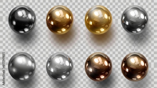 A realistic set of chrome balls isolated on a transparent background. Silver, golden, bronze, platinum metal 3D spheres with shadows and light reflection. Beads for jewelry. Design element. photo