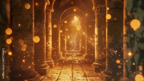 Ancient dungeon or ancient Egypt night stone corridor interior. Bokeh effect spotlight shines on floor and stars shine from window.