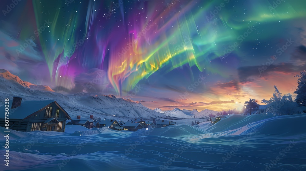 Naklejka premium Gorgeous aurora town scenery poster background