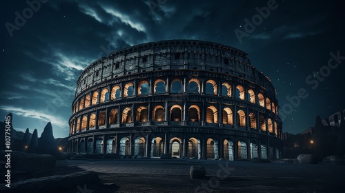 Roman coliseum under moonlight with gladiator spirits revisiting past battles photo