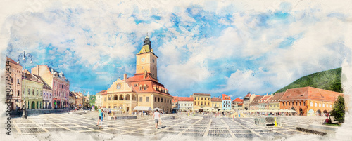 Council House on the main square Piata Sfatului of Old Town of Brasov, Romania in watercolor style