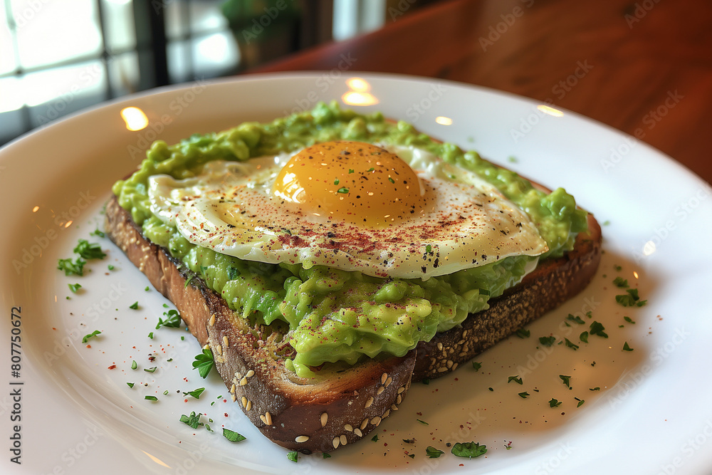 A plate of toast with an egg and avocado on top A plate of toast with an egg and avocado on top
