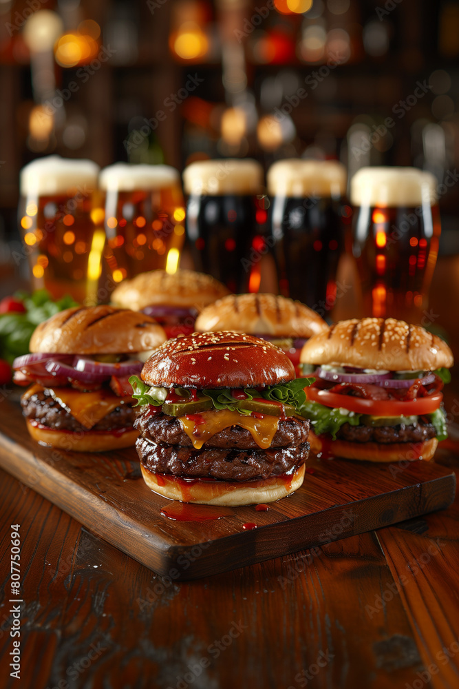 A table with a variety of hamburgers and drinks A table with a variety of hamburgers and drinks