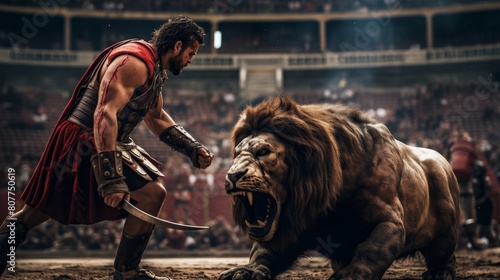 Gladiator engages in an epic showdown with a beast in the coliseum
