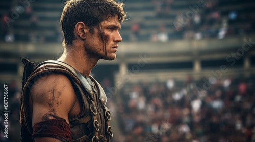Gladiator contemplates price of glory in Roman coliseum photo