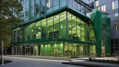 a modern green glass and steel office building with many windows.