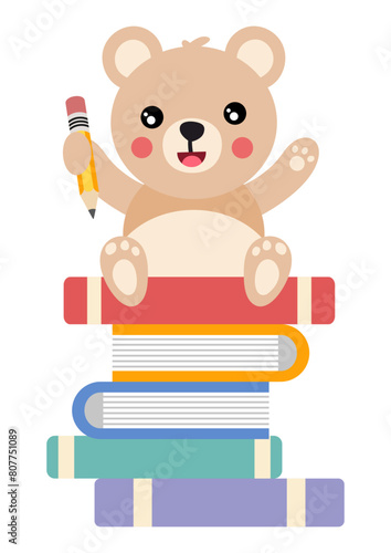 Cute teddy bear student holding pencil on top of books