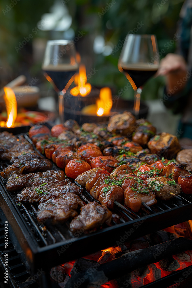 A grill is filled with meat and vegetables, and a person is standing behind it A grill is filled with meat and vegetables, and a person is standing behind it