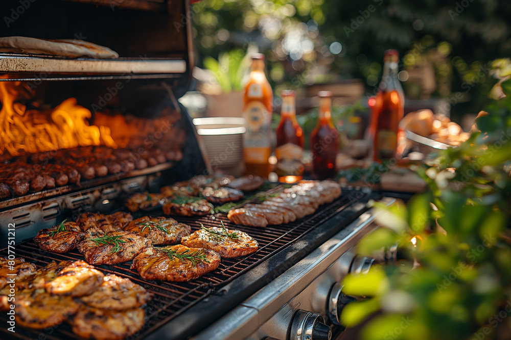 A grill is lit up with a variety of meats and vegetables cooking A grill is lit up with a variety of meats and vegetables cooking