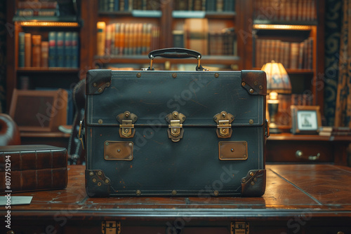 A classic leather briefcase with gold clasps rests on a mahogany desk in a dimly lit home office with a bookshelf in the background. Copyspace to the left. photo