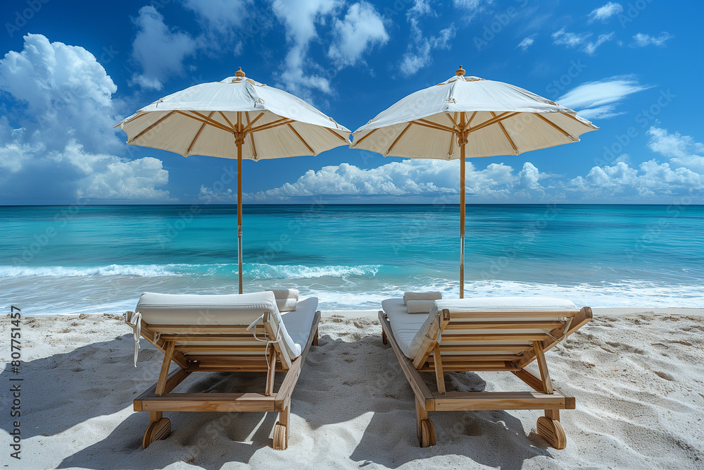 Two beach umbrellas and two lounge chairs are set up on a sandy beach
